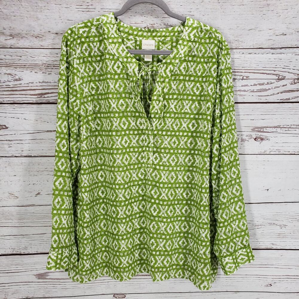 Chico's Green and White Button Down Shirt